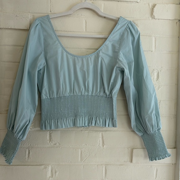 Olivaceous Tie Front Long Sleeve Smocked Crop Top - Picture 2 of 9
